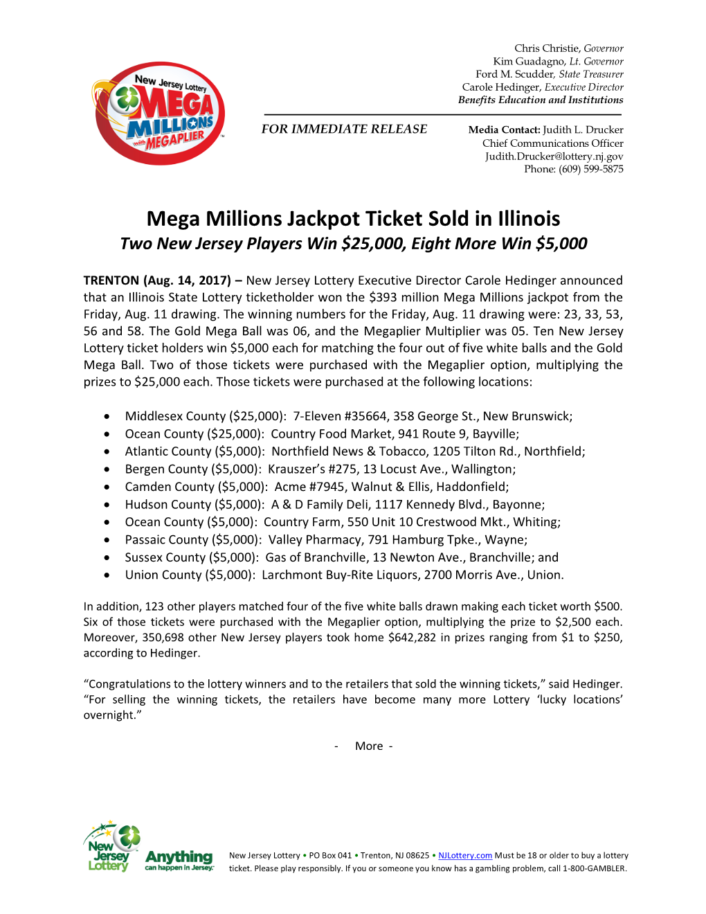 Mega Millions Jackpot Ticket Sold in Illinois Two New Jersey Players Win $25,000, Eight More Win $5,000