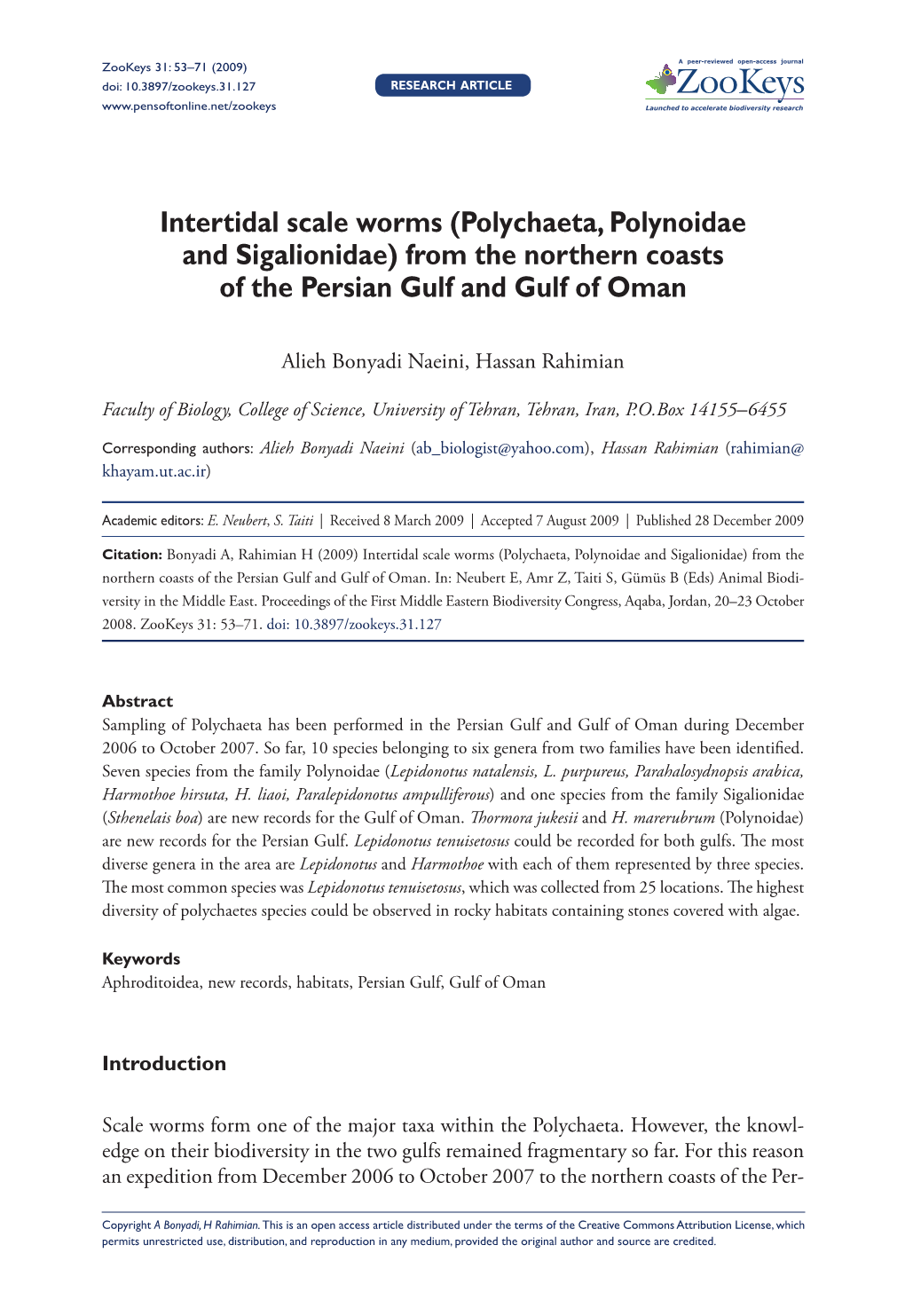 Intertidal Scale Worms (Polychaeta, Polynoidae and Sigalionidae) from the Northern Coasts of the Persian Gulf and Gulf of Oman