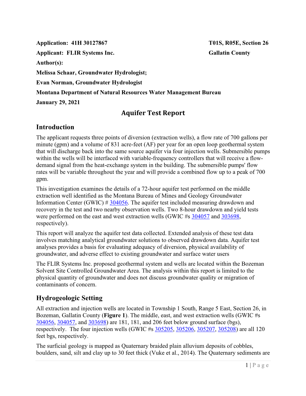 Aquifer Test Report Introduction Hydrogeologic Setting