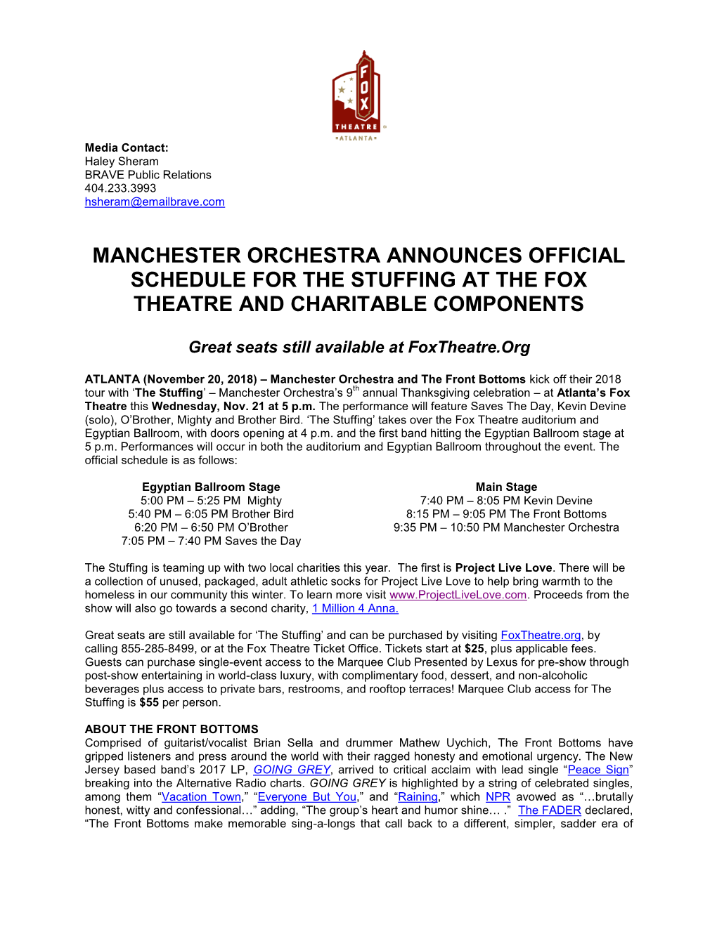 Manchester Orchestra Announces Official Schedule for the Stuffing at the Fox Theatre and Charitable Components