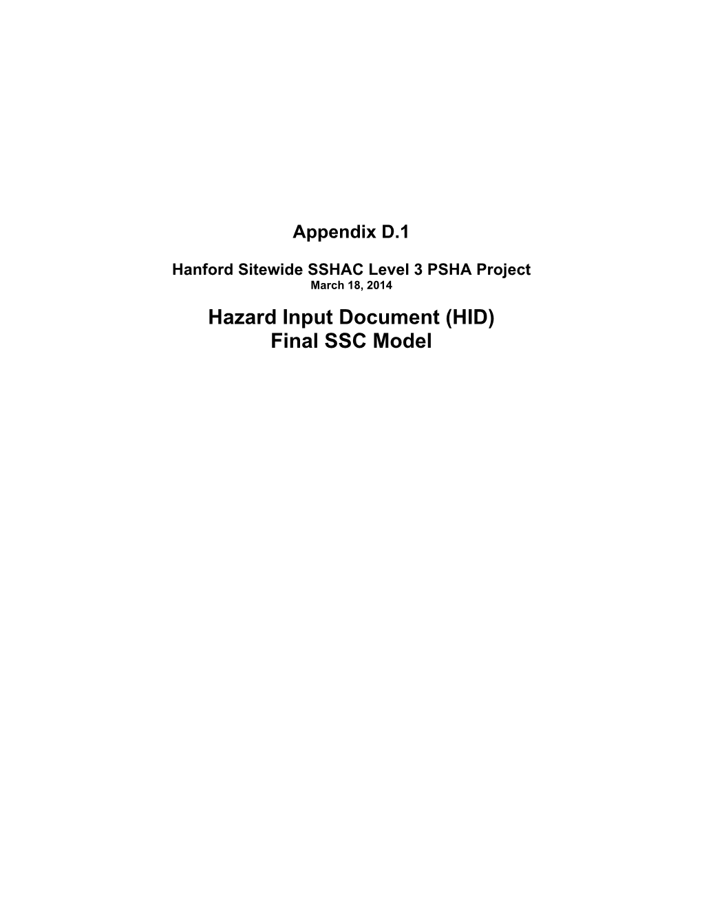 Hazard Input Document (HID) Final SSC Model Contents