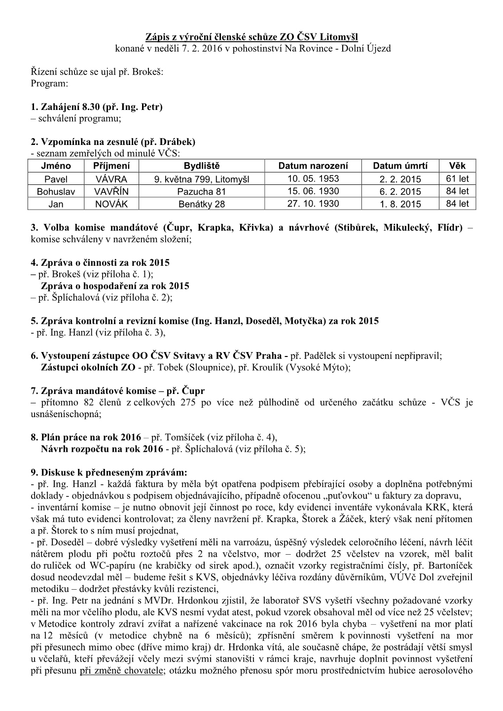 Zápis Z Výroční Členské Schůze ZO ČSV Litomyšl Konané V Neděli 7. 2. 2016 V Pohostinství Na Rovince - Dolní Újezd