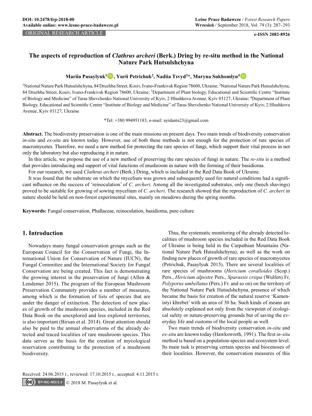 The Aspects of Reproduction of Clathrus Archeri (Berk.) Dring by Re-Situ Method in the National Nature Park Hutsulshchyna