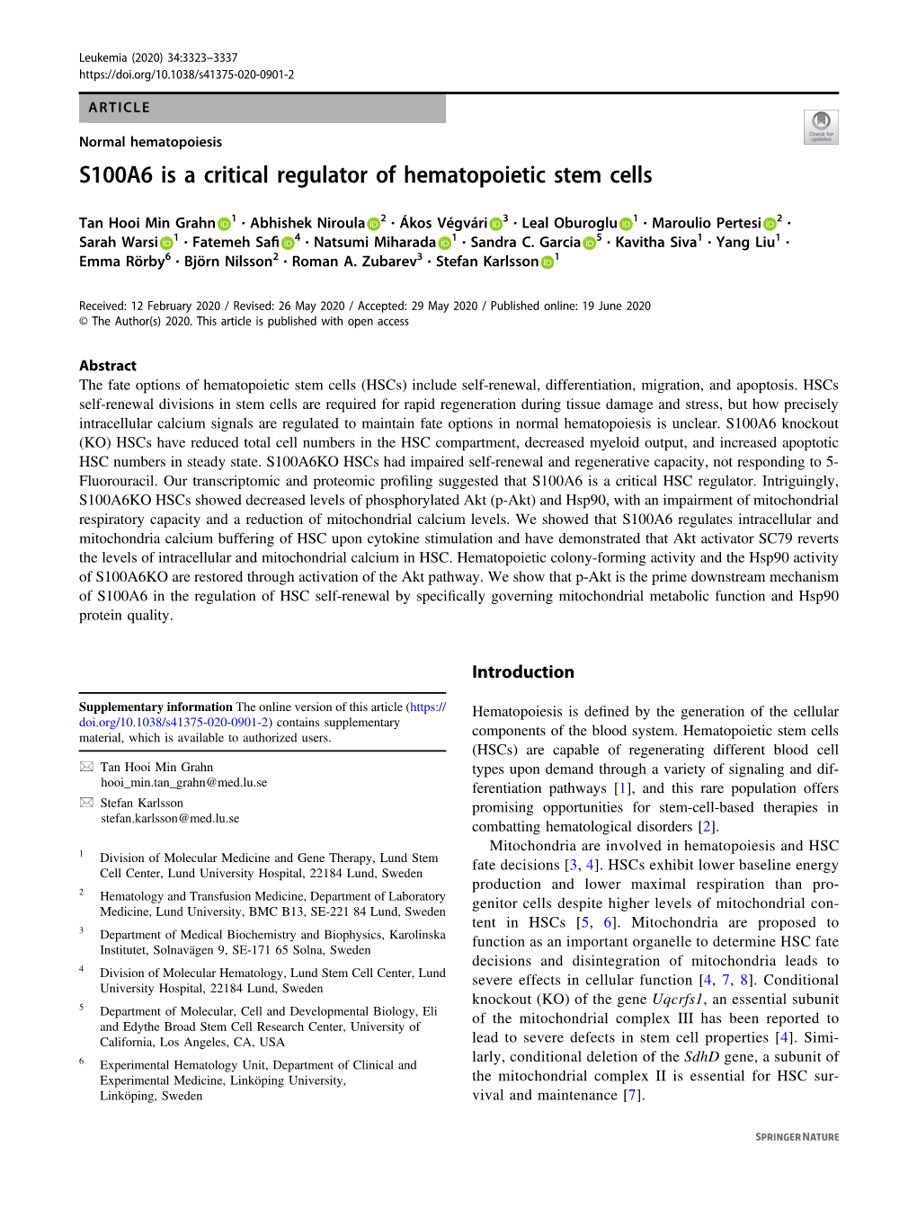 S100A6 Is a Critical Regulator of Hematopoietic Stem Cells