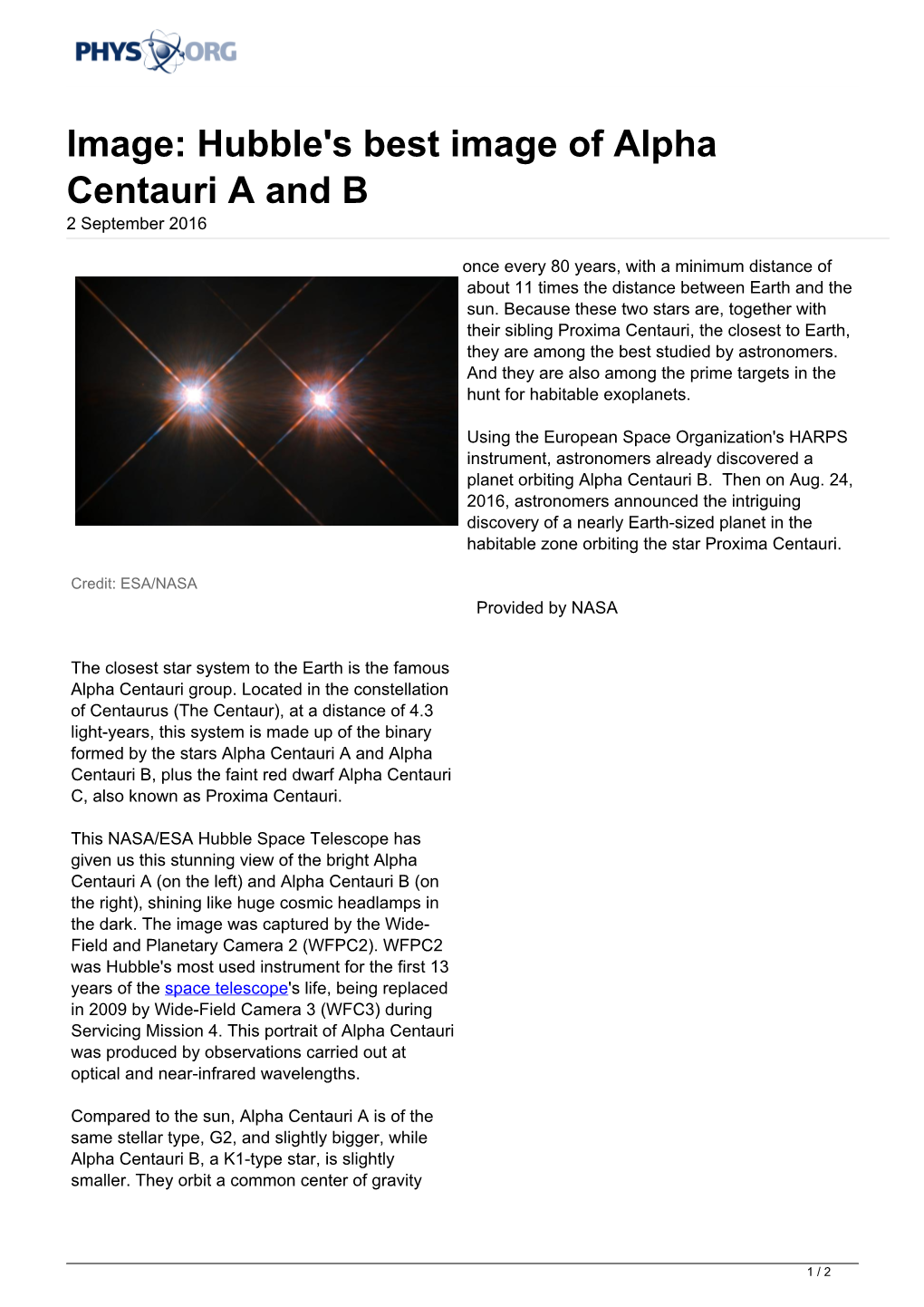 Hubble's Best Image of Alpha Centauri a and B 2 September 2016