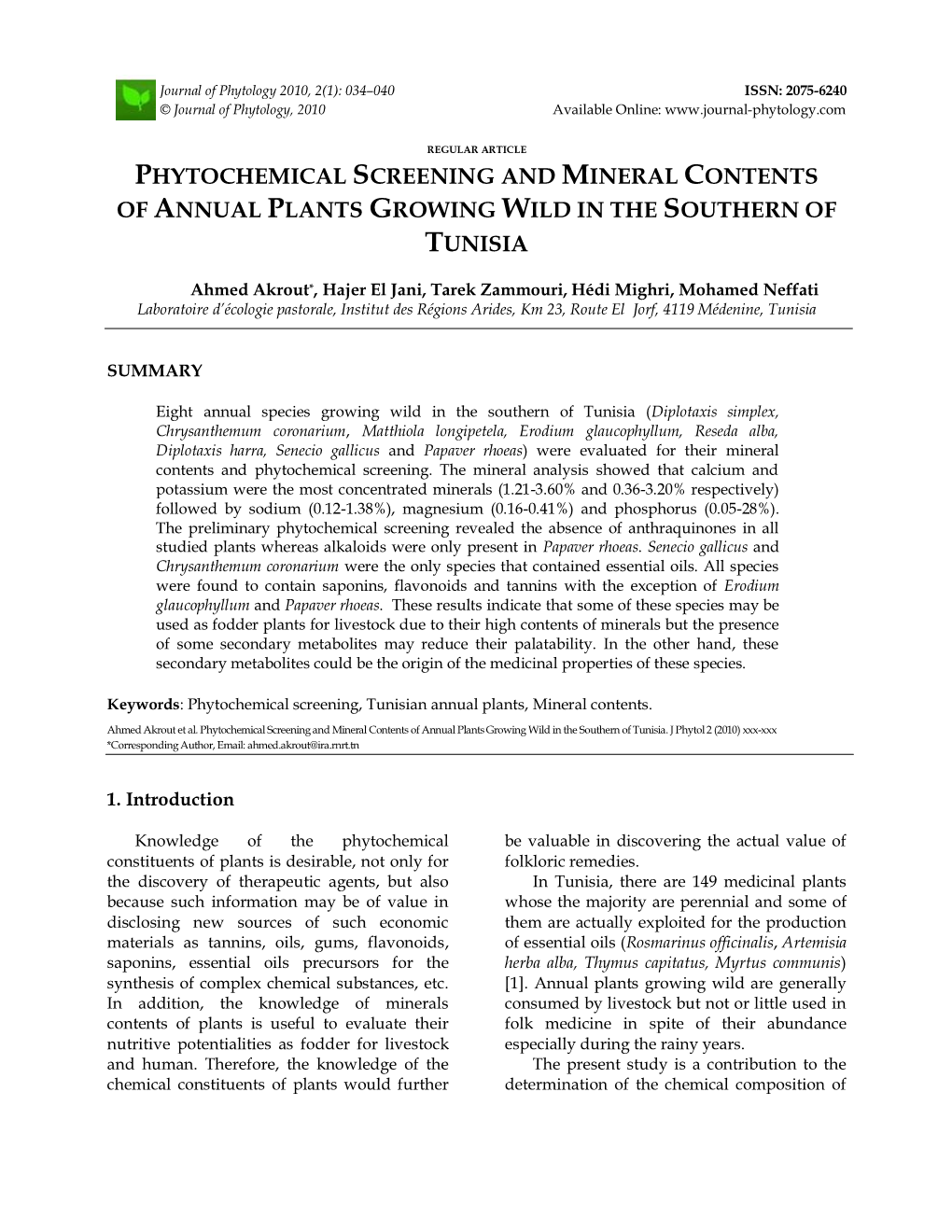 Phytochemical Screening and Mineral Contents of Annual Plants Growing Wild in the Southern of Tunisia