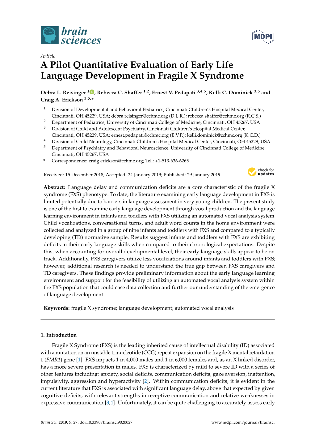 A Pilot Quantitative Evaluation of Early Life Language Development in Fragile X Syndrome