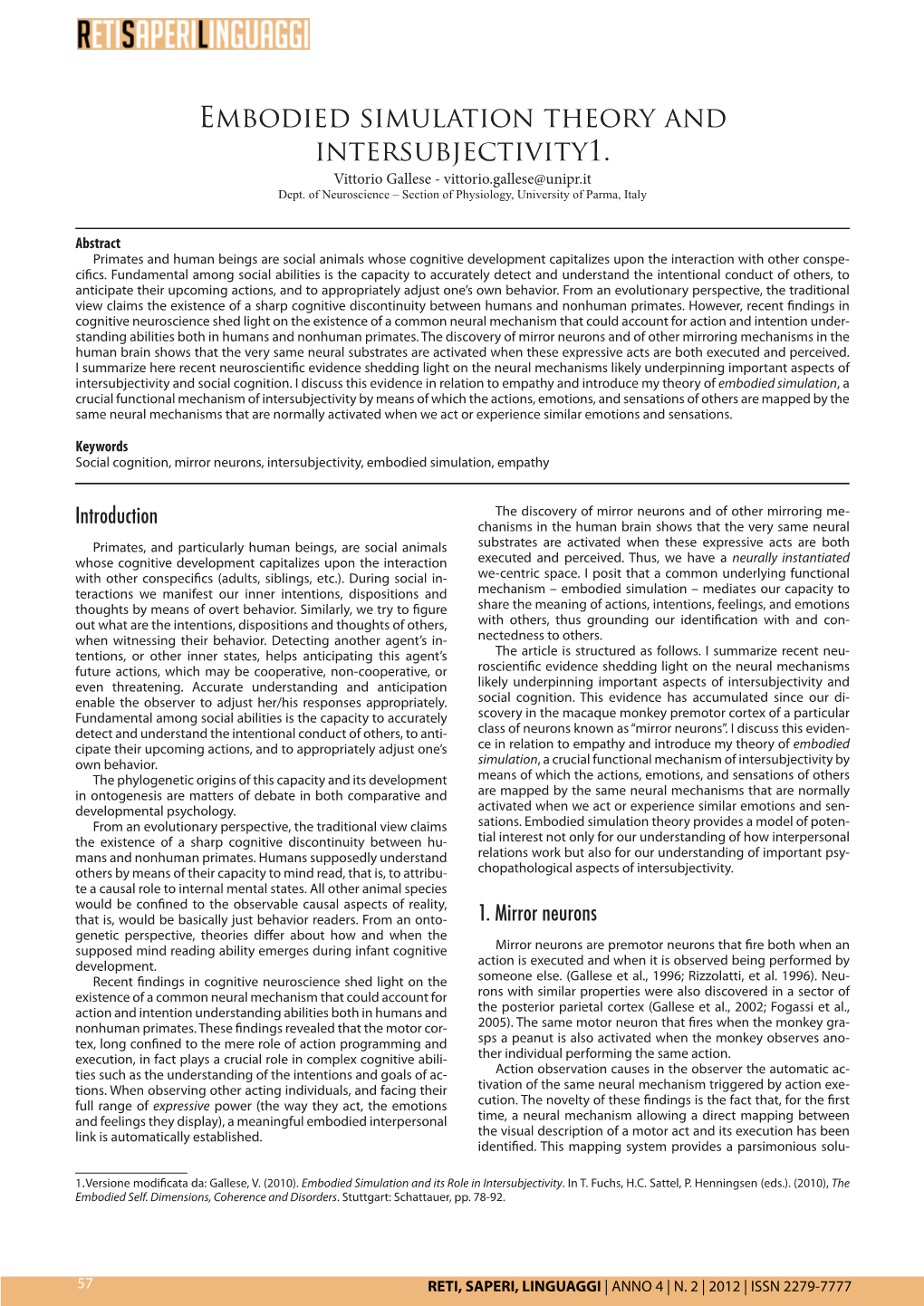 Embodied Simulation Theory and Intersubjectivity1. Vittorio Gallese - Vittorio.Gallese@Unipr.It Dept