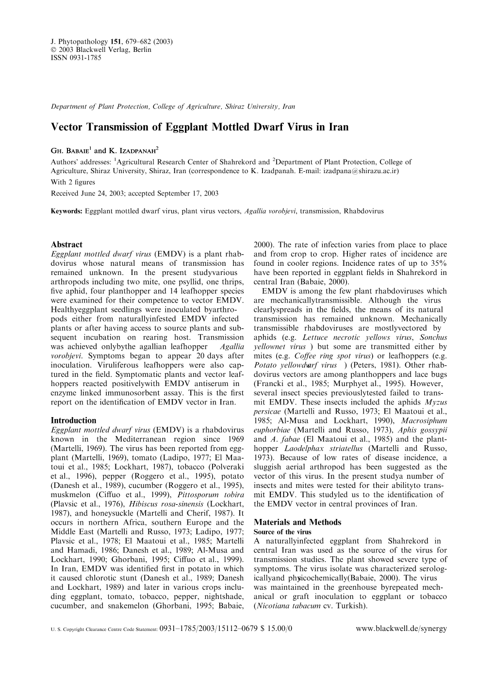 Vector Transmission of Eggplant Mottled Dwarf Virus in Iran