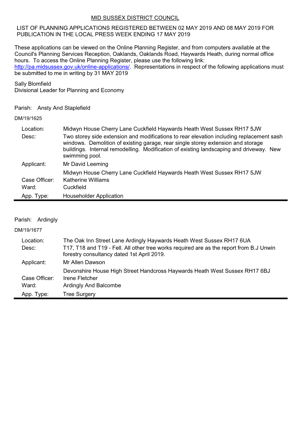 Planning Applications Received 02 May 2019 to 08 May 2019