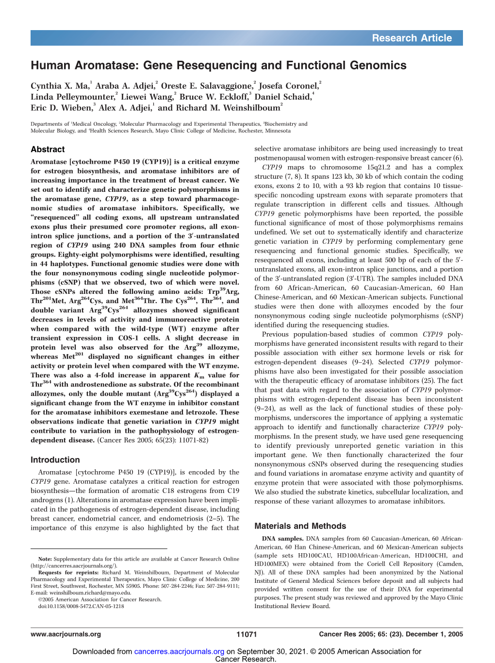 Human Aromatase: Gene Resequencing and Functional Genomics