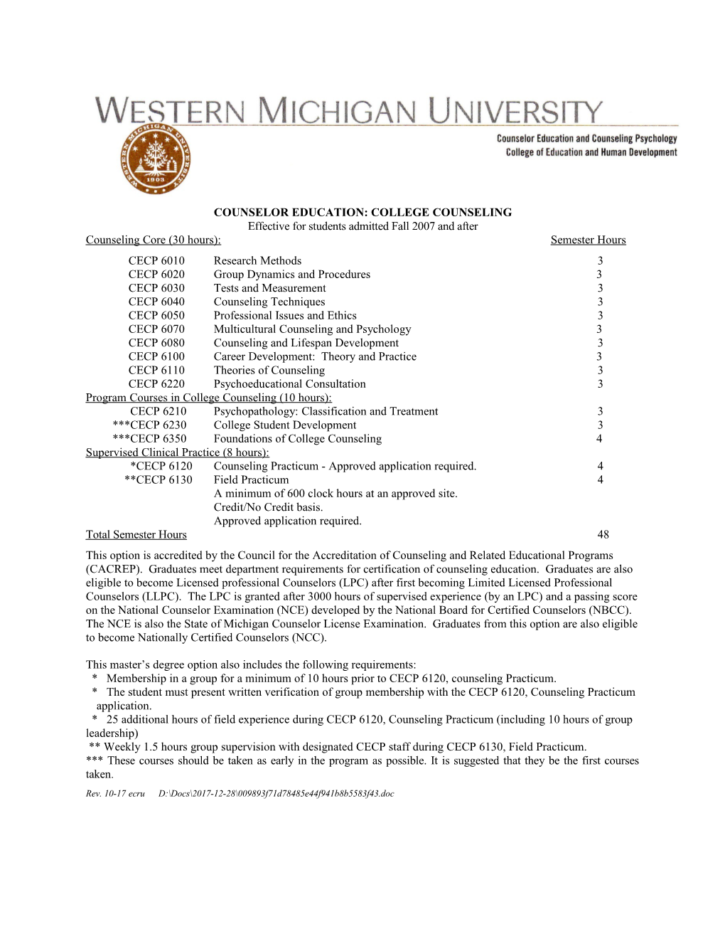 Counseling in Higher Ed. Frm