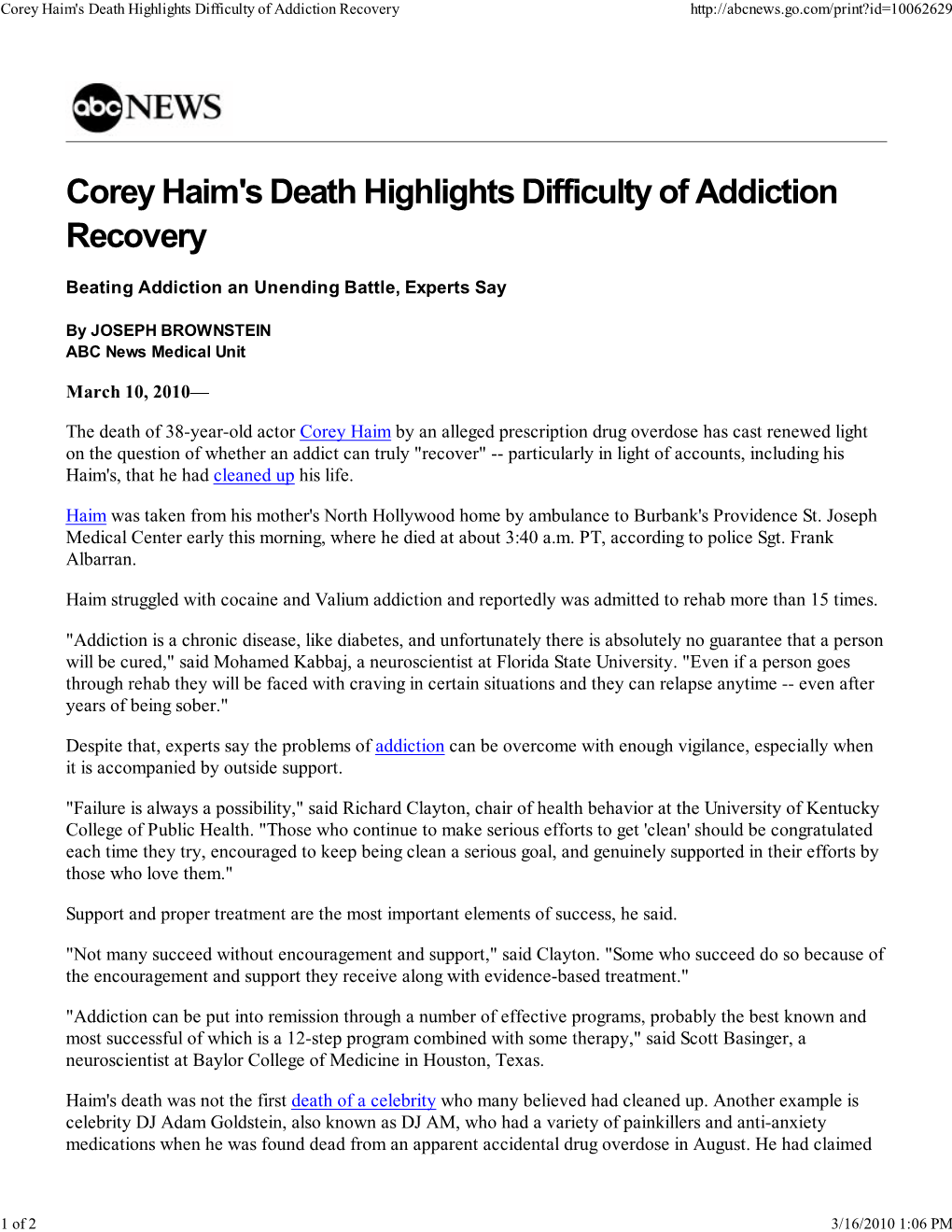 Corey Haim's Death Highlights Difficulty of Addiction Recovery