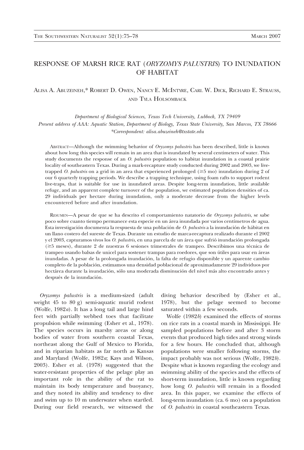 Response of Marsh Rice Rat (Oryzomys Palustris) to Inundation of Habitat