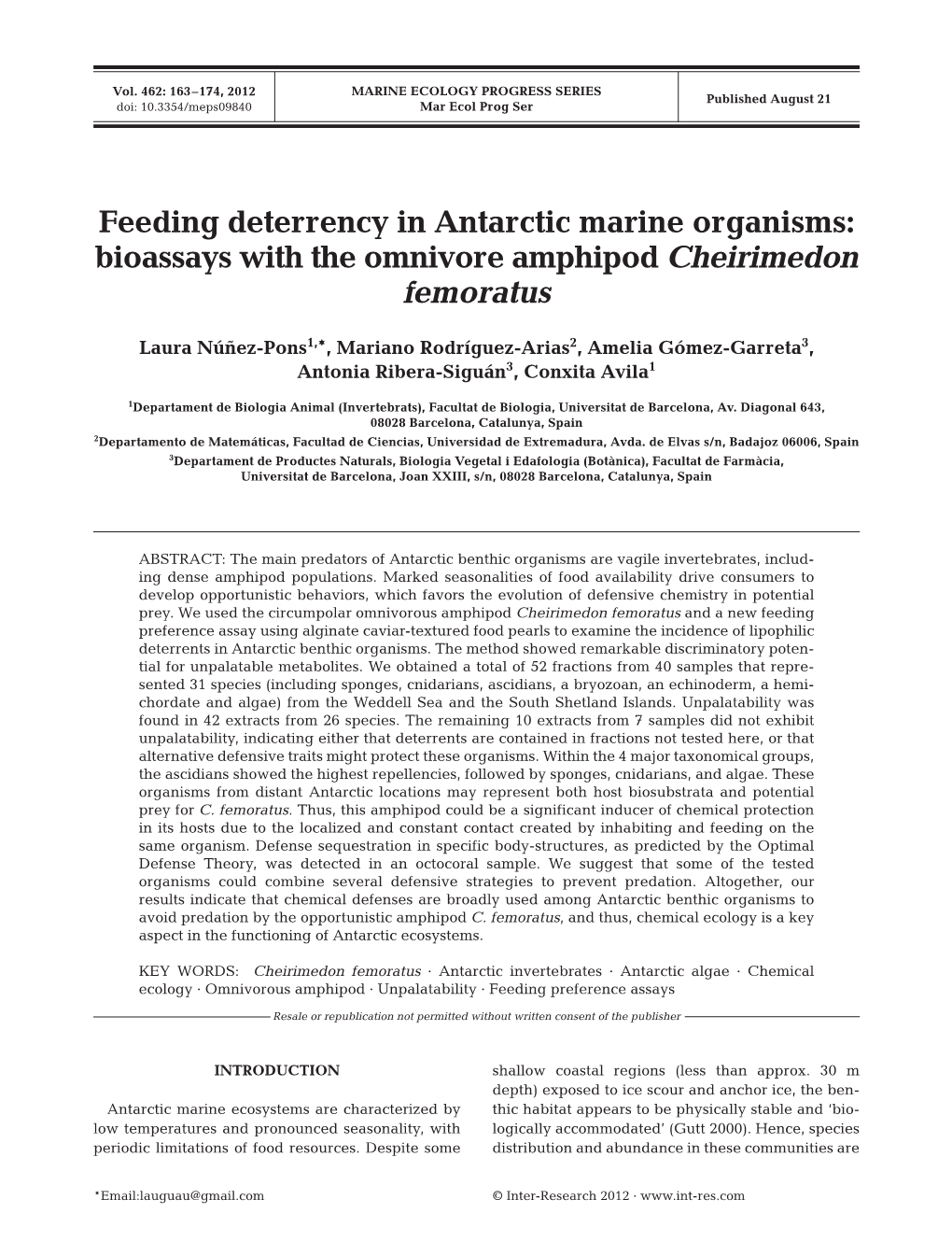 Feeding Deterrency in Antarctic Marine Organisms: Bioassays with the Omnivore Amphipod Cheirimedon Femoratus