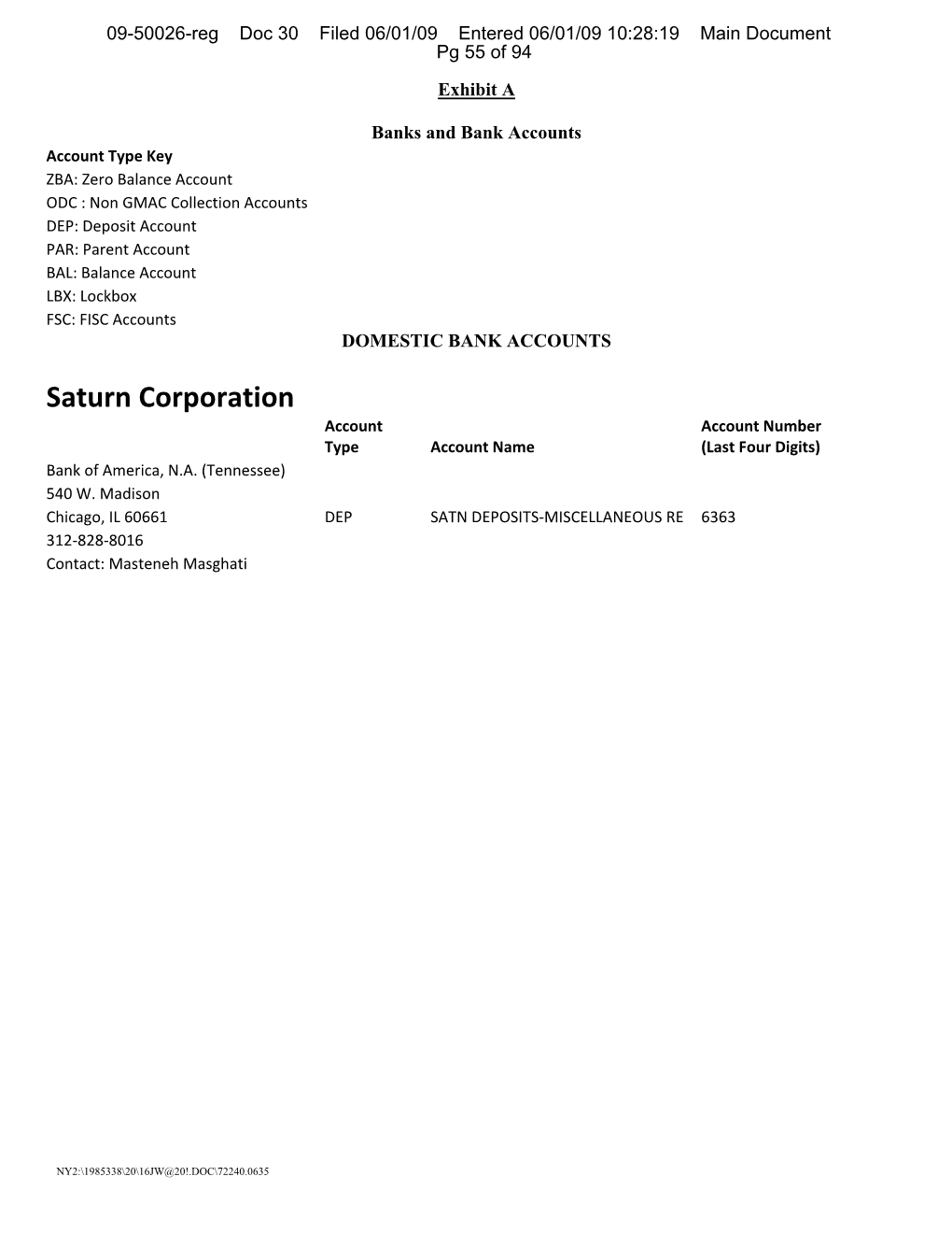 Saturn Corporation Account Account Number Type Account Name (Last Four Digits) Bank of America, N.A