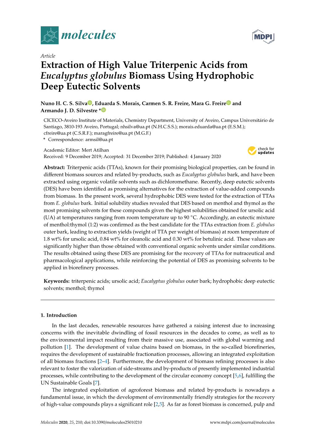 Extraction of High Value Triterpenic Acids from Eucalyptus Globulus Biomass Using Hydrophobic Deep Eutectic Solvents