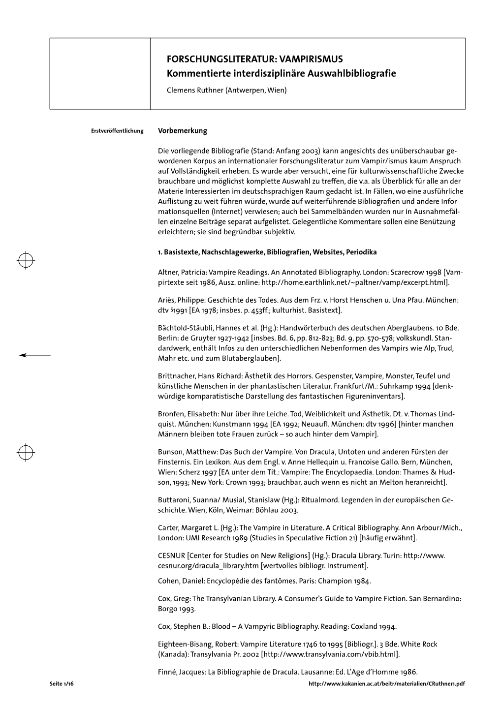 FORSCHUNGSLITERATUR: VAMPIRISMUS Kommentierte Interdisziplinäre Auswahlbibliografie