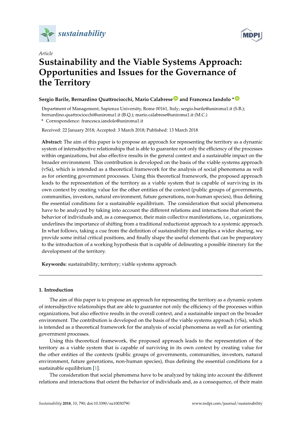 Sustainability and the Viable Systems Approach: Opportunities and Issues for the Governance of the Territory