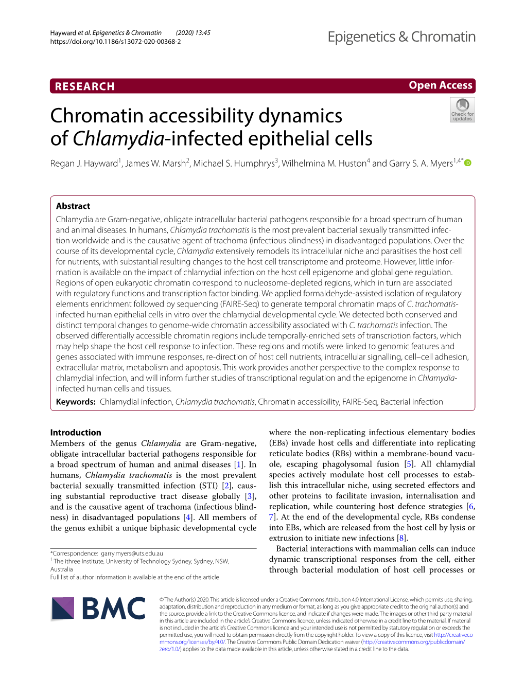 Chromatin Accessibility Dynamics of Chlamydia-Infected Epithelial Cells