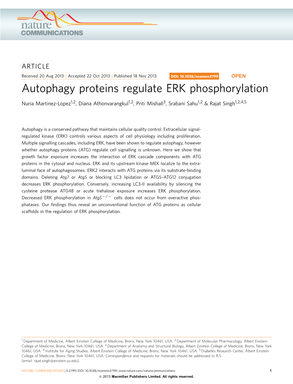 Autophagy Proteins Regulate ERK Phosphorylation
