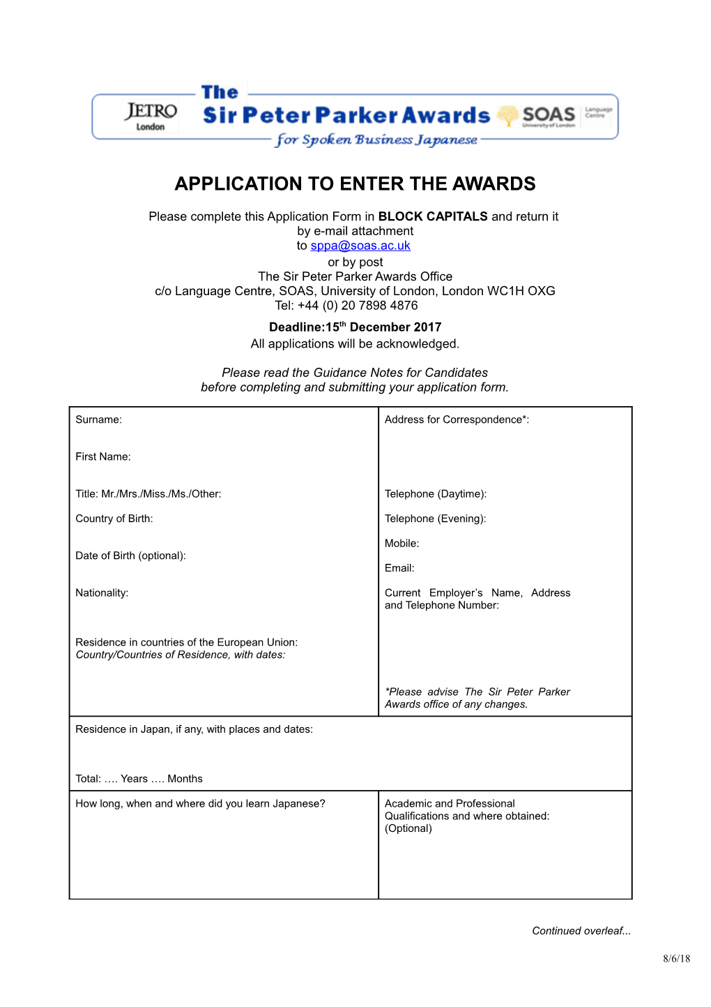 Application to Enter the Awards