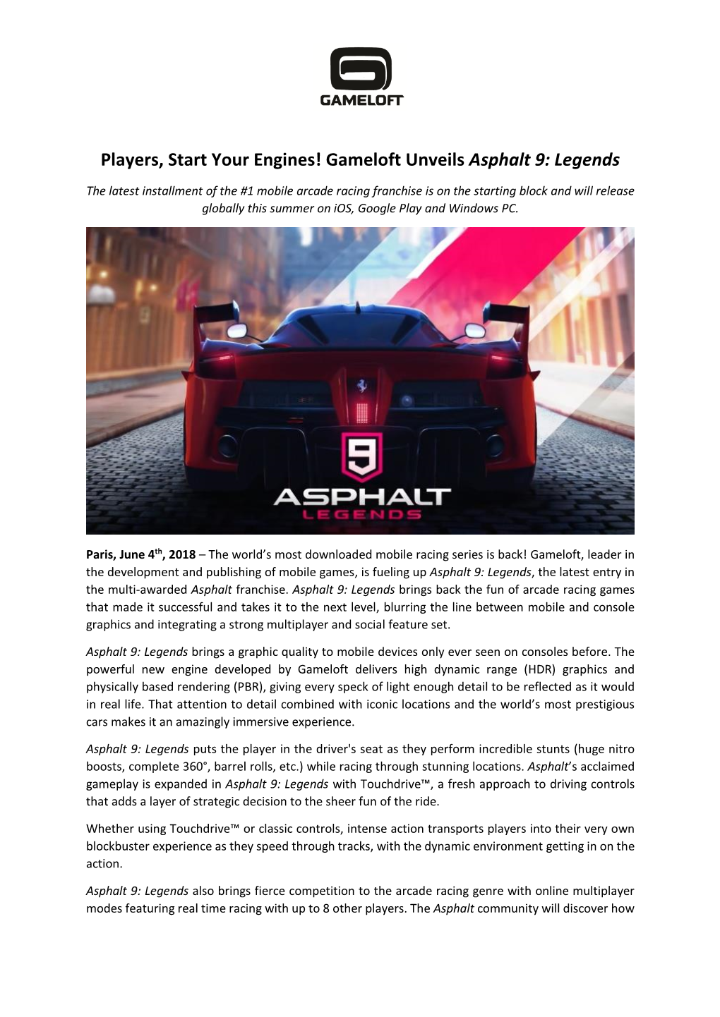 Gameloft Unveils Asphalt 9: Legends