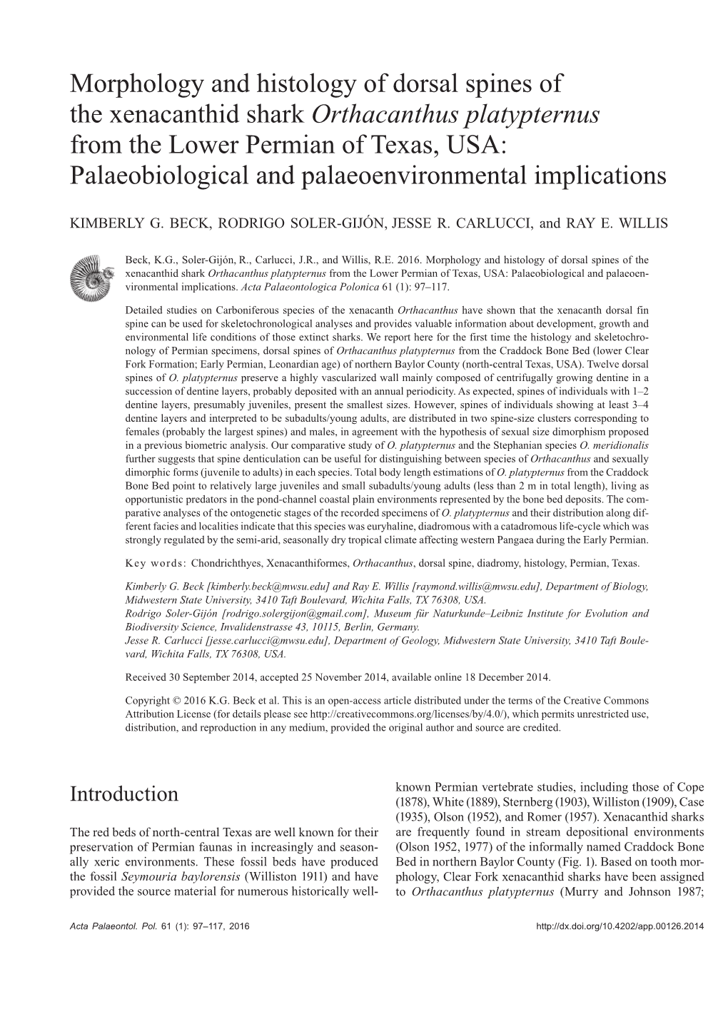 Morphology and Histology of Dorsal Spines of the Xenacanthid Shark