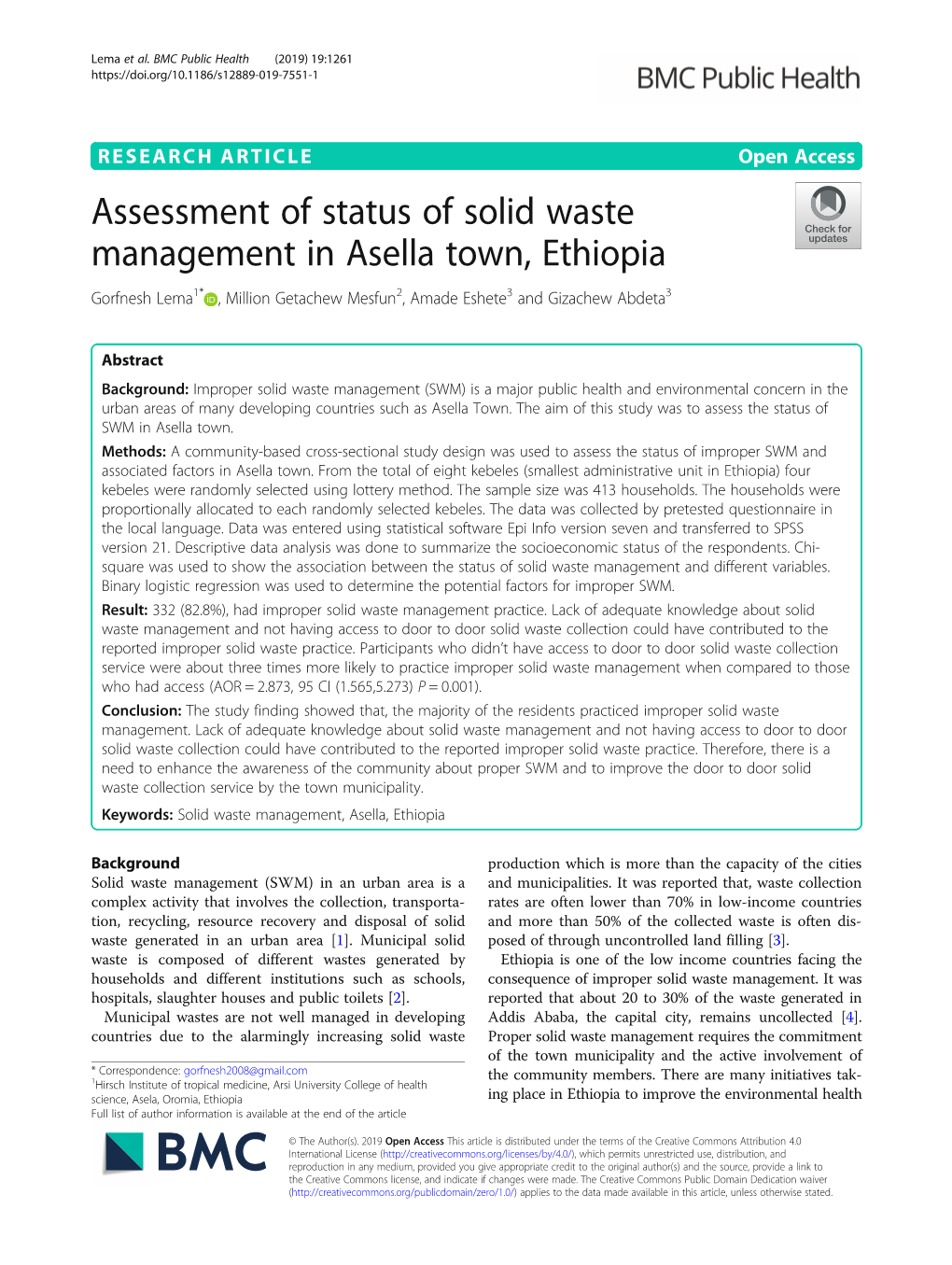 Assessment of Status of Solid Waste Management in Asella Town, Ethiopia Gorfnesh Lema1* , Million Getachew Mesfun2, Amade Eshete3 and Gizachew Abdeta3