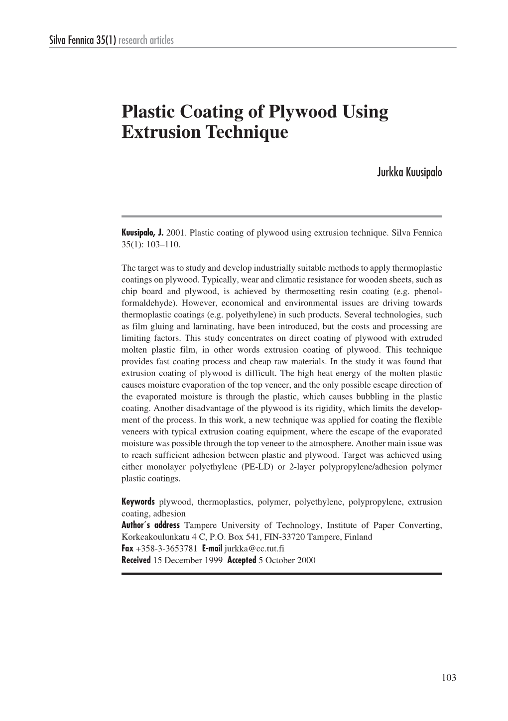 Plastic Coating of Plywood Using Extrusion Technique