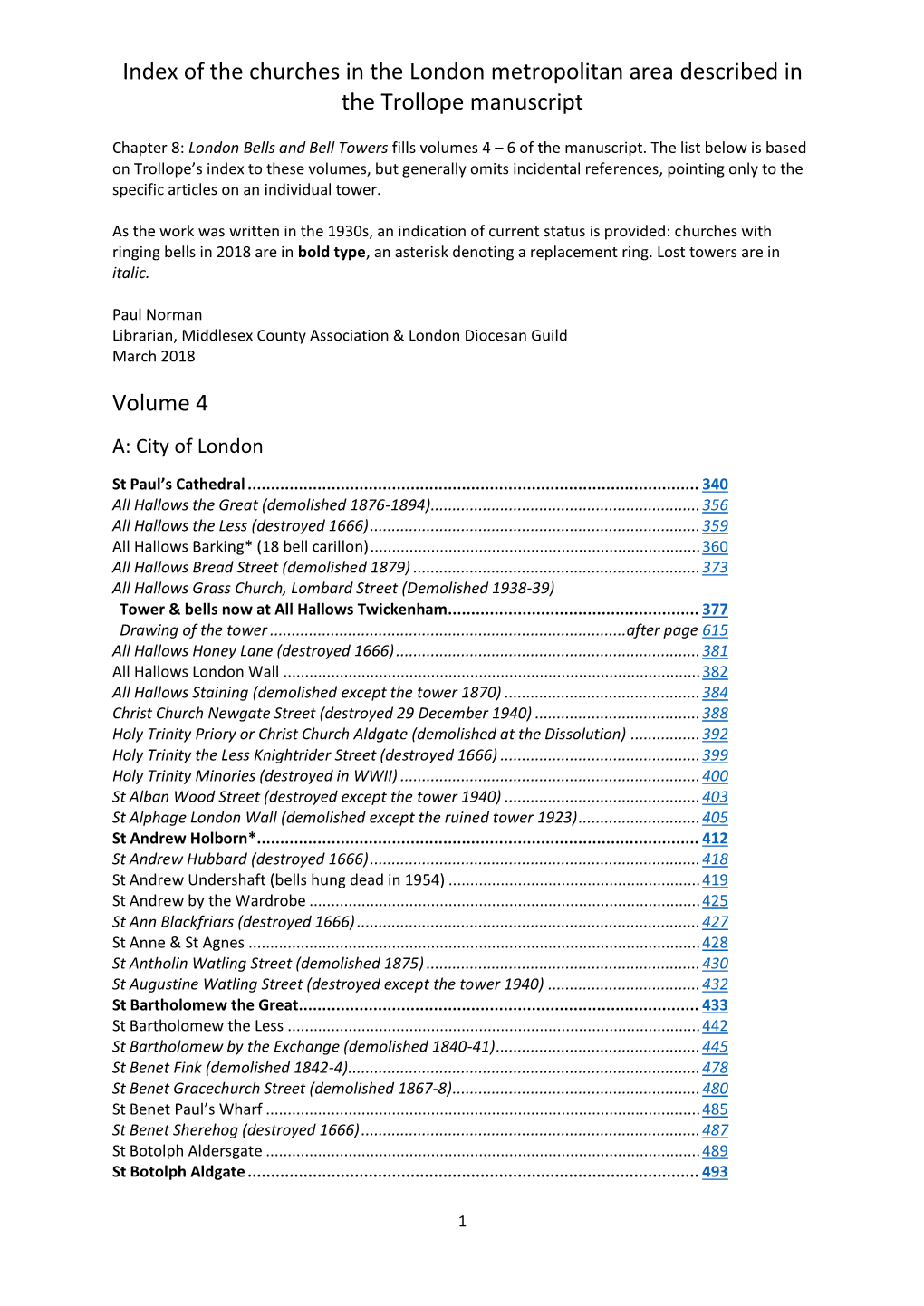 Index of the Churches in the London Metropolitan Area Described in the Trollope Manuscript