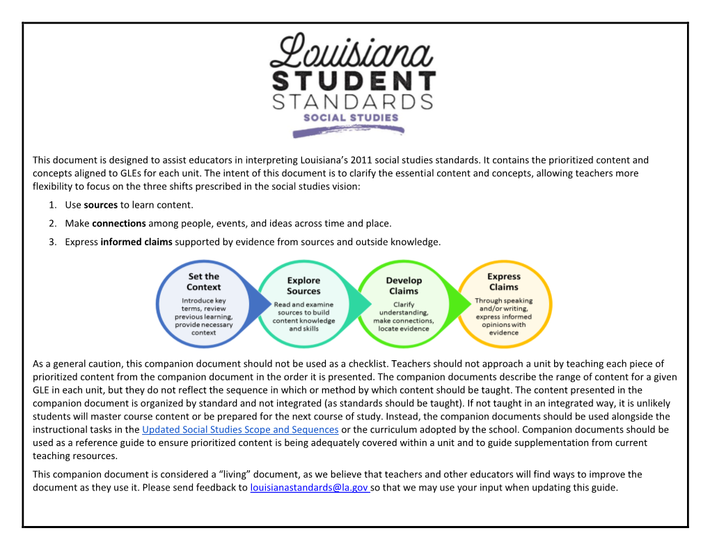 This Document Is Designed to Assist Educators in Interpreting Louisiana's 2011 Social Studies Standards. It Contains the Prio