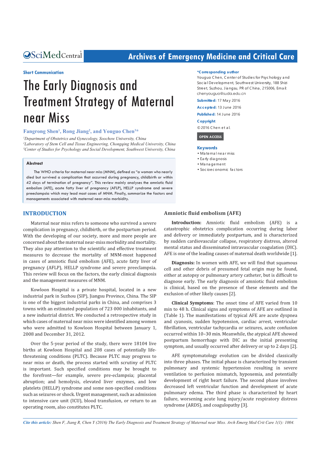 The Early Diagnosis and Treatment Strategy of Maternal Near Miss