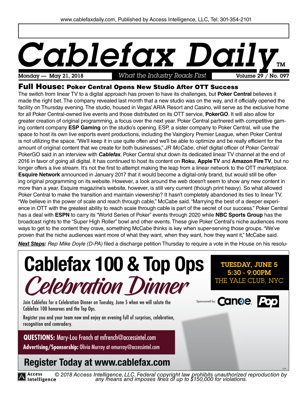 Cablefax Dailytm Monday — May 21, 2018 What the Industry Reads First Volume 29 / No