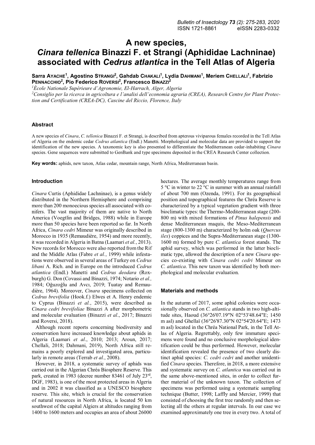 Aphididae Lachninae) Associated with Cedrus Atlantica in the Tell Atlas of Algeria