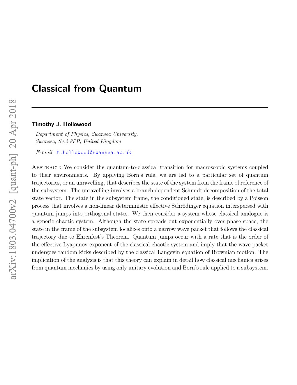 Classical from Quantum Arxiv:1803.04700V2 [Quant-Ph] 20 Apr 2018