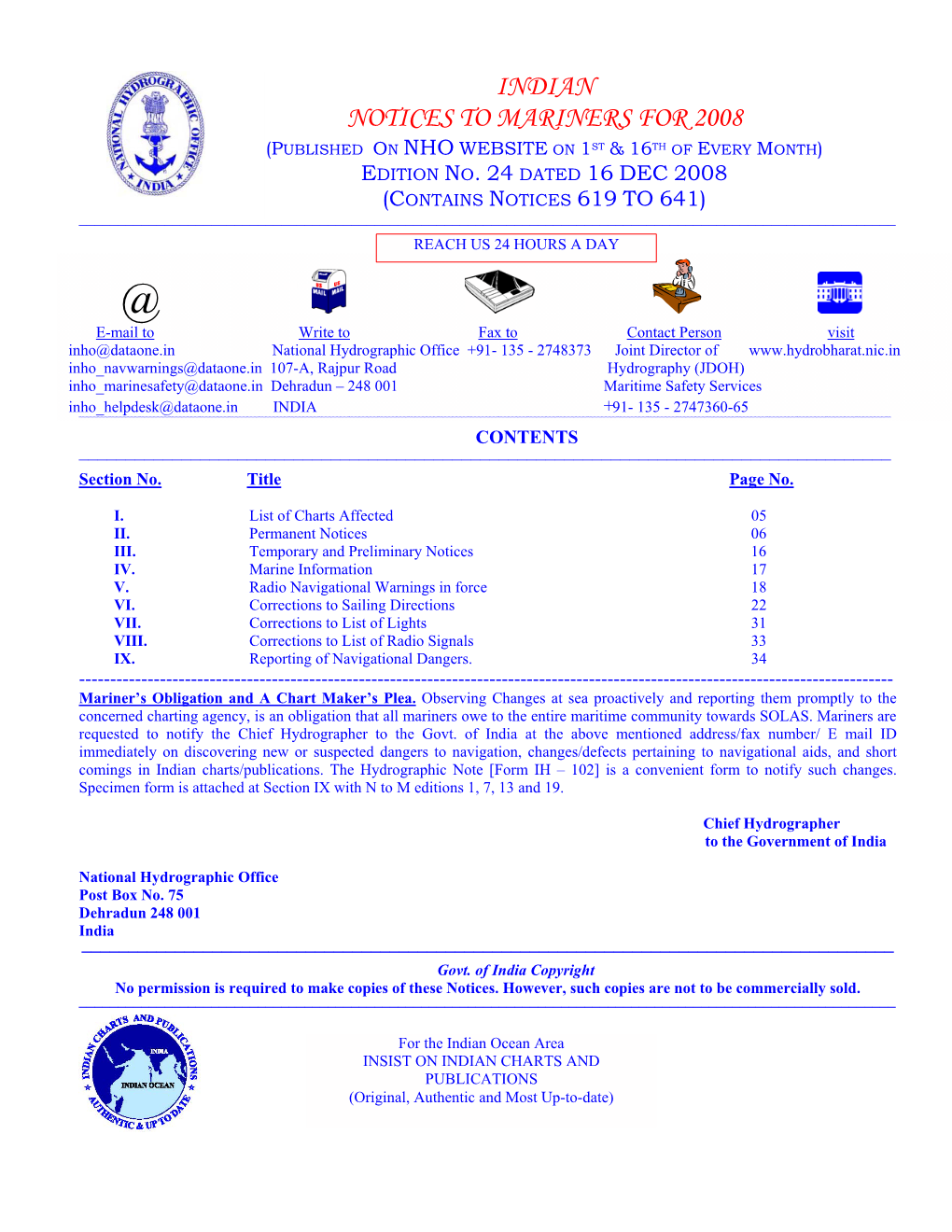 Indian Notices to Mariners for 2008 (Published on Nho Website on 1St & 16Th of Every Month) Edition No