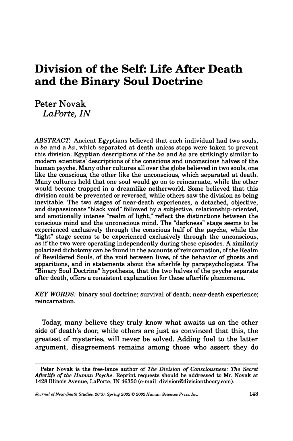 Division of the Self: Life After Death and the Binary Soul Doctrine