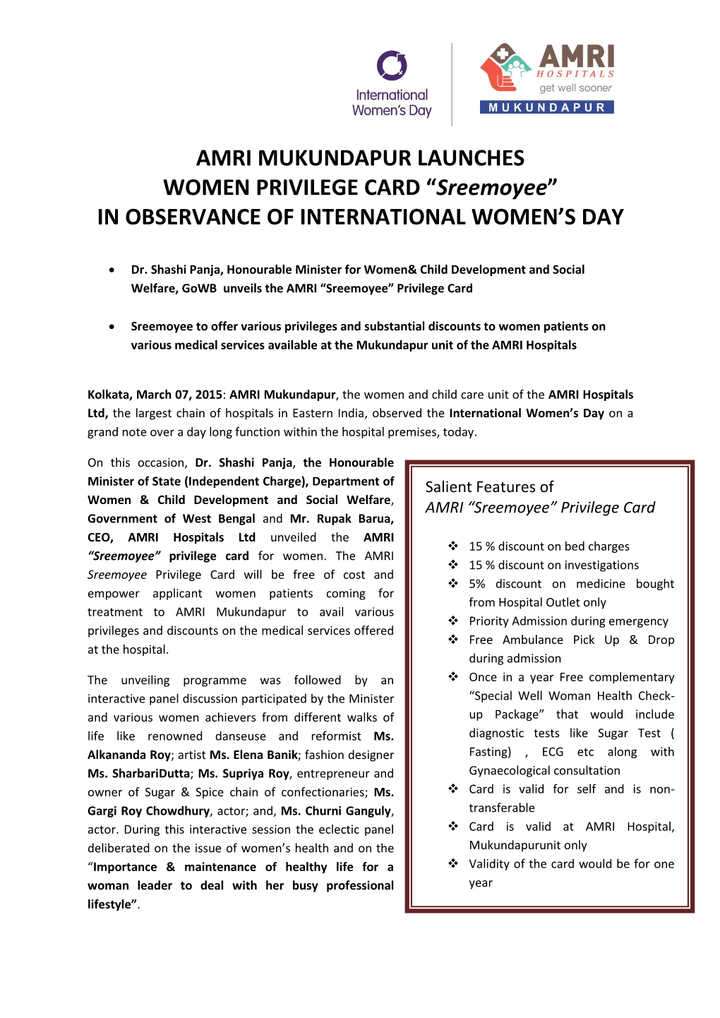 AMRI MUKUNDAPUR LAUNCHES WOMEN PRIVILEGE CARD “Sreemoyee” in OBSERVANCE of INTERNATIONAL WOMEN’S DAY