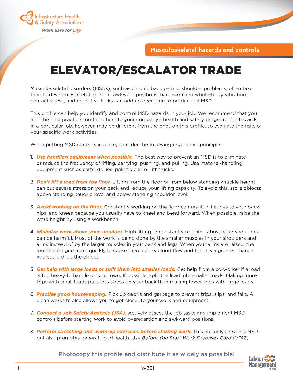 Musculoskeletal Hazards and Controls: Elevator/Escalator Trade