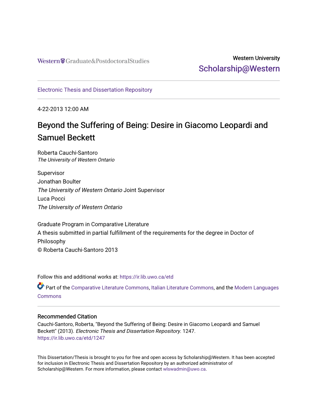 Beyond the Suffering of Being: Desire in Giacomo Leopardi and Samuel Beckett