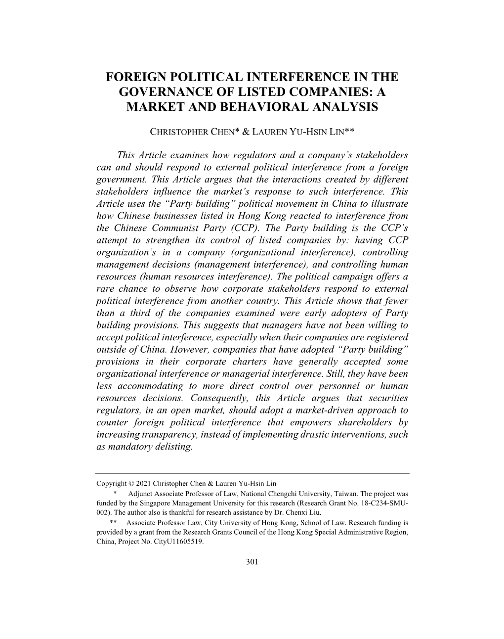 Foreign Political Interference in the Governance of Listed Companies: a Market and Behavioral Analysis