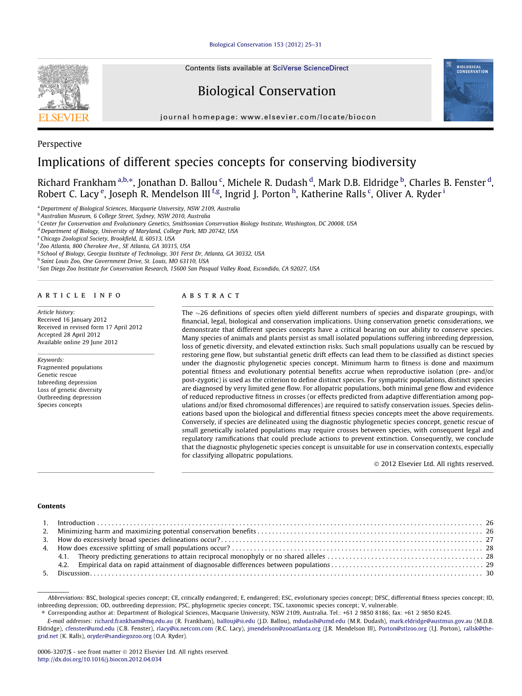 Implications of Different Species Concepts for Conserving Biodiversity ⇑ Richard Frankham A,B, , Jonathan D