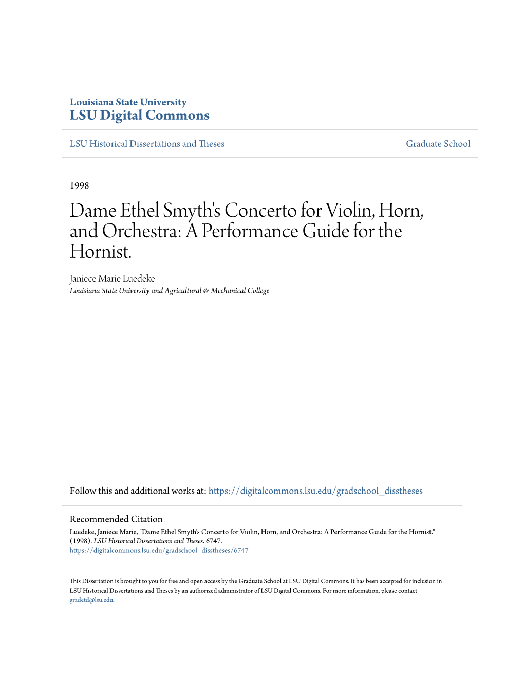 Dame Ethel Smyth's Concerto for Violin, Horn, and Orchestra: a Performance Guide for the Hornist