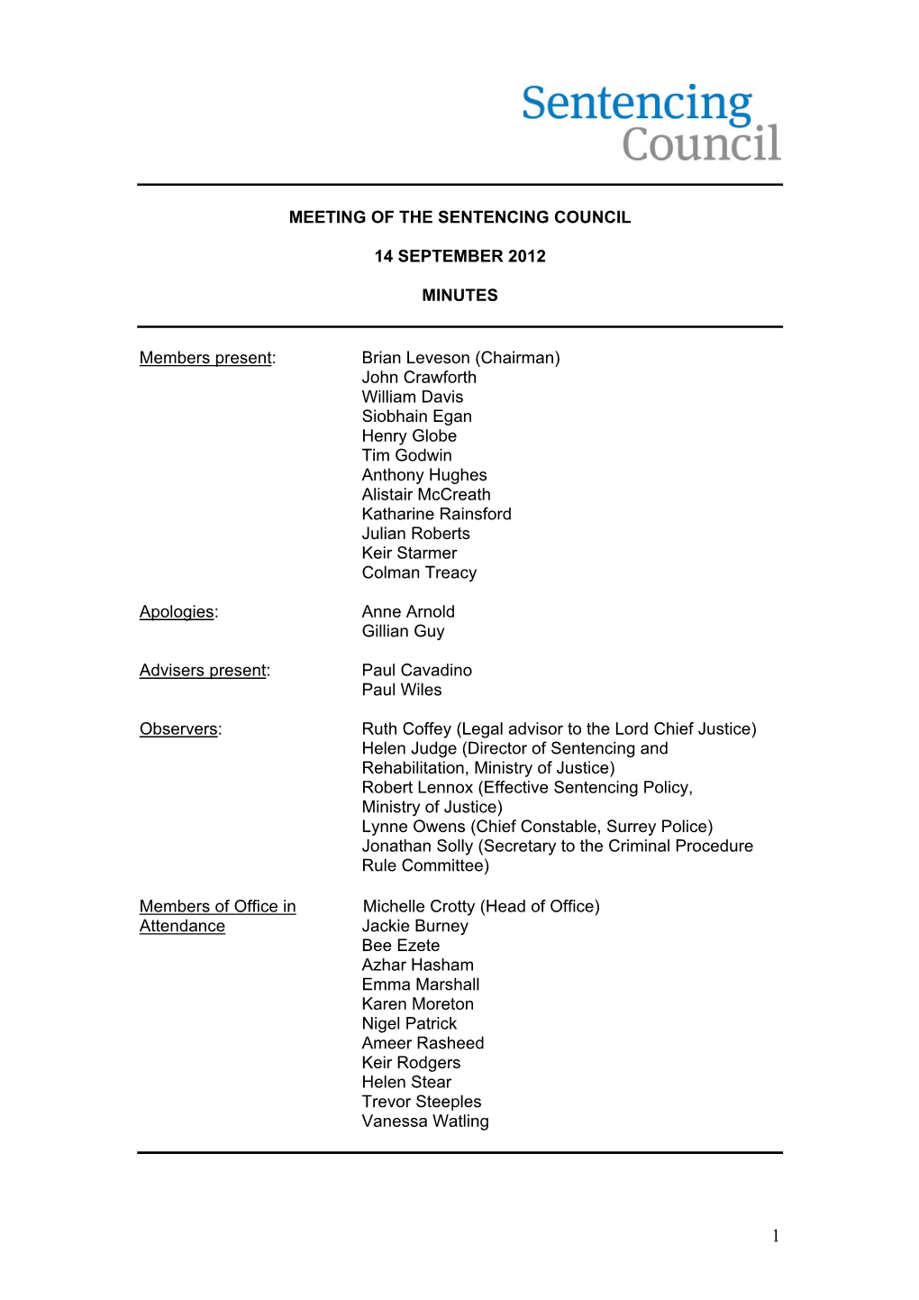 Minutes of the Sentencing Council, 14 September 2012