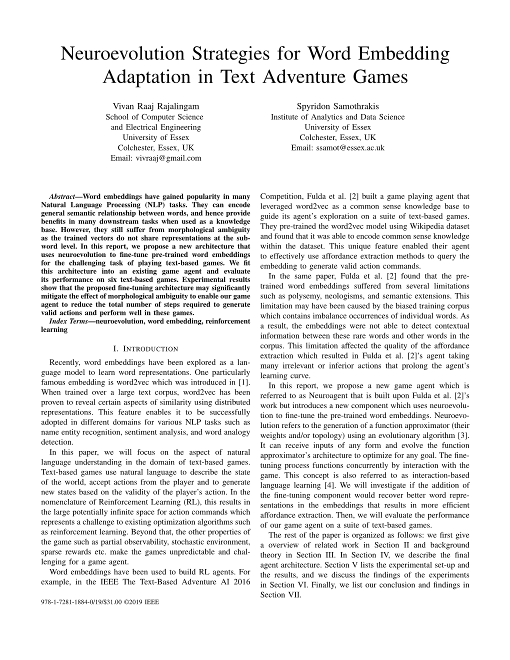 Neuroevolution Strategies for Word Embedding Adaptation in Text Adventure Games