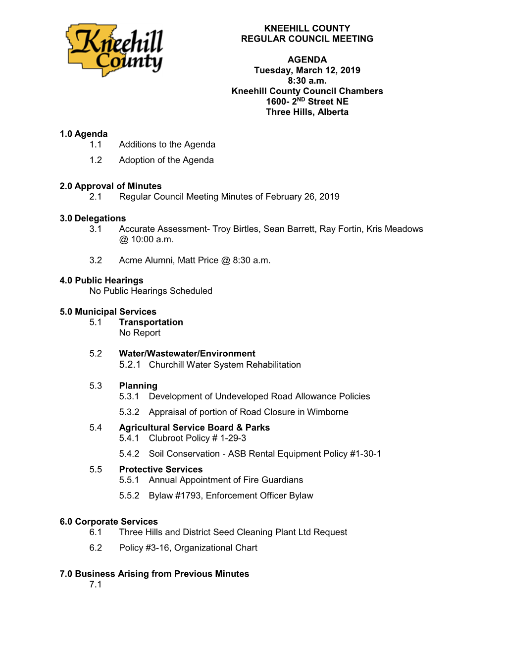 Kneehill County Regular Council Meeting Agenda