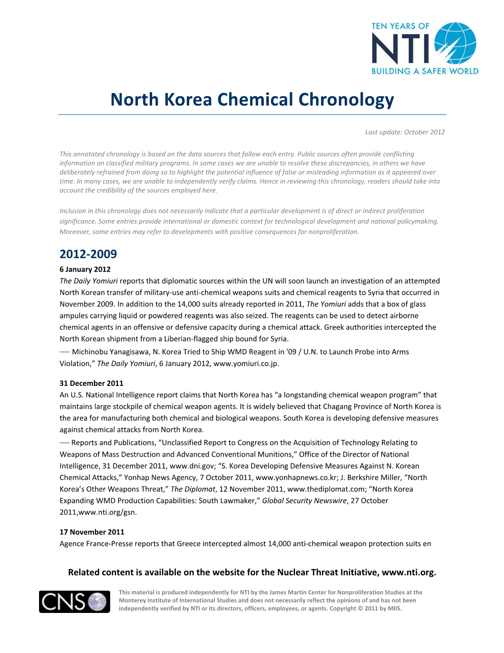 North Korea Chemical Chronology