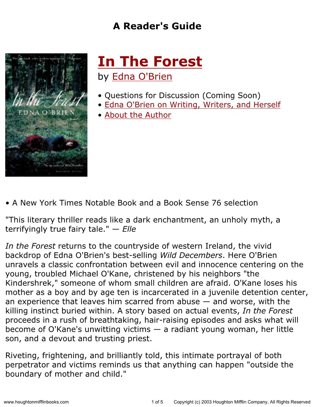 Reader's Guide for in the Forest Published by Houghton Mifflin