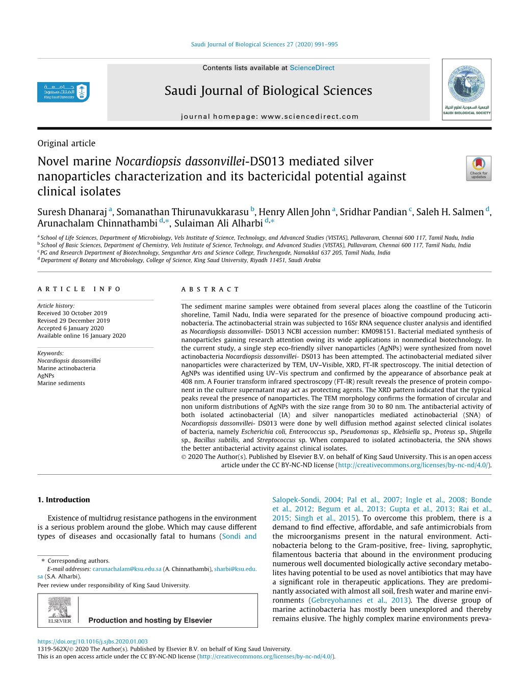 Novel Marine Nocardiopsis Dassonvillei-DS013 Mediated Silver Nanoparticles Characterization and Its Bactericidal Potential Against Clinical Isolates